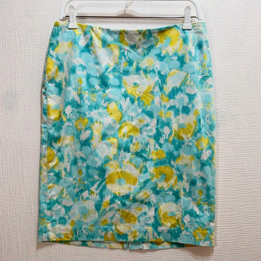Talbots Pencil‎ Skirt Womens 10 Teal Yellow Watercolor Floral Cotton Stretch